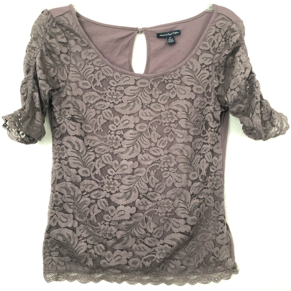American Eagle Lilac Lace Blouse w/Ruched Sleeves